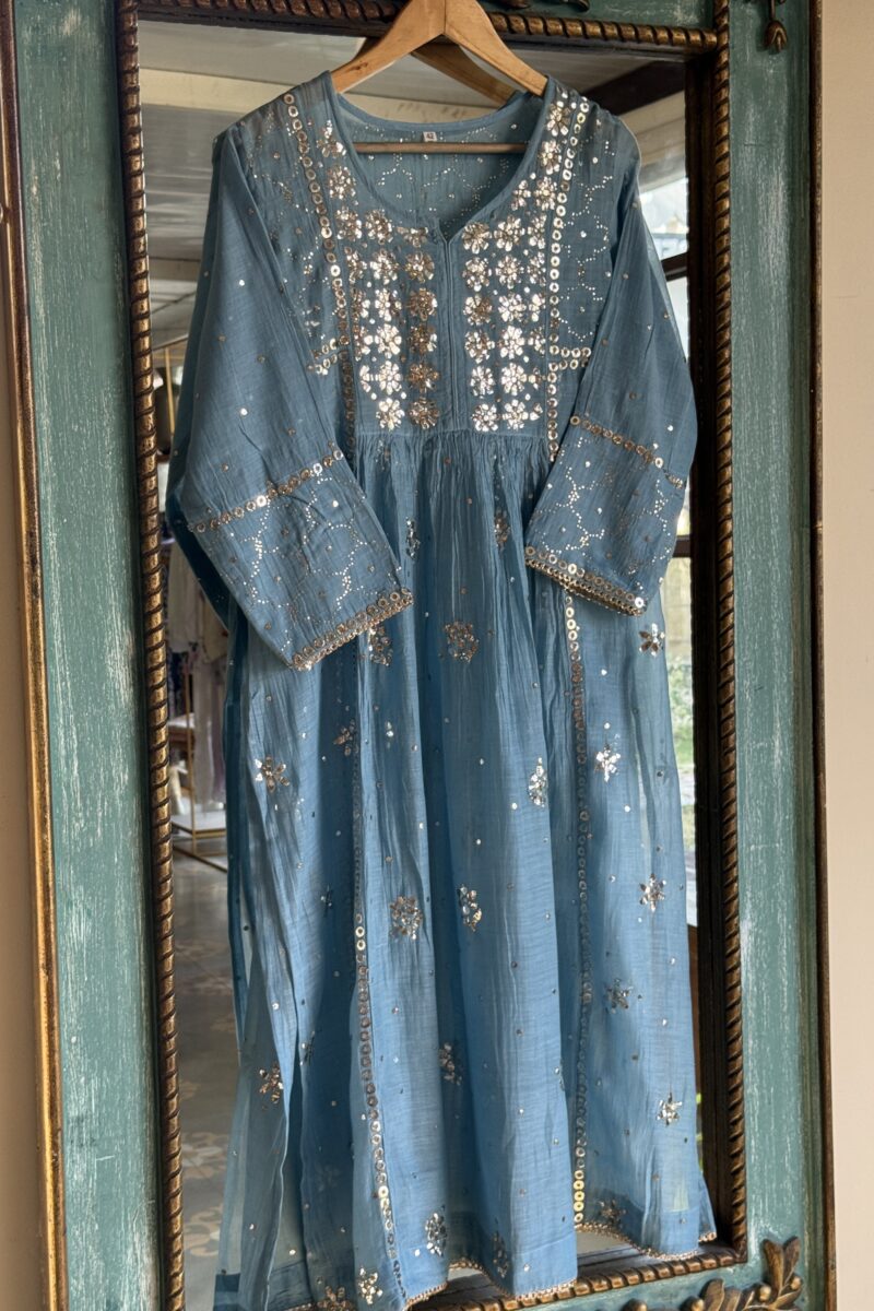 Pastel Blue | Mal Chanderi Mukaish Silk Dress