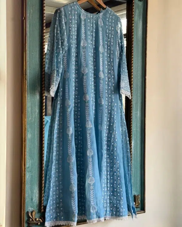 Powder Blue | Mal Chanderi Pearl Work Chikankari Anarkali With Dupatta - Image 6