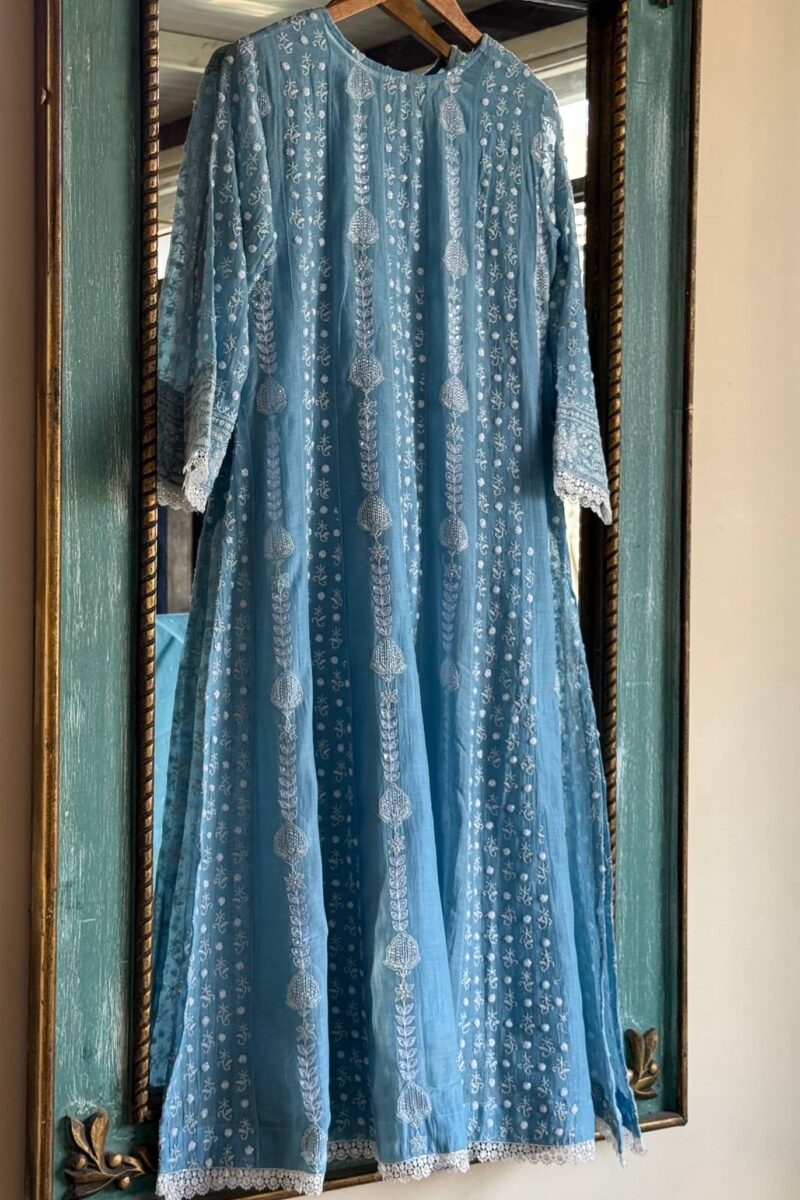 Powder Blue | Mal Chanderi Pearl Work Chikankari Anarkali With Dupatta