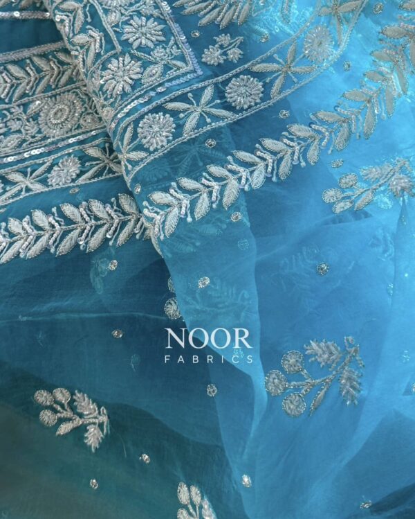 Blue Noor Organza Silk Fine Chikankari Unstitched Fabric - Image 4