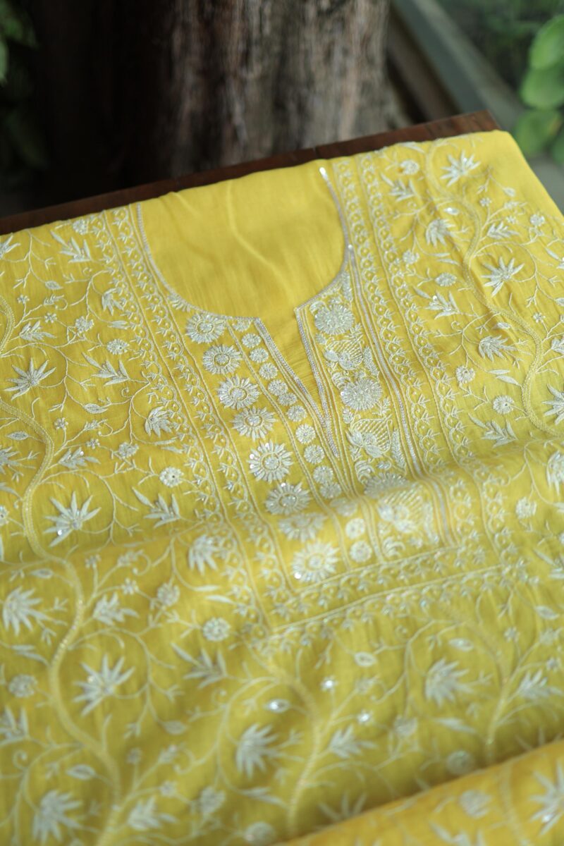 Yellow Crush Chanderi Sequins Chikankari Kurta Dupatta Set