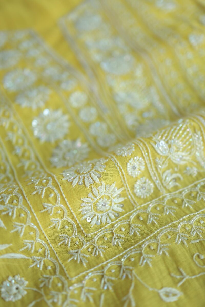 Yellow Crush Chanderi Sequins Chikankari Kurta Dupatta Set