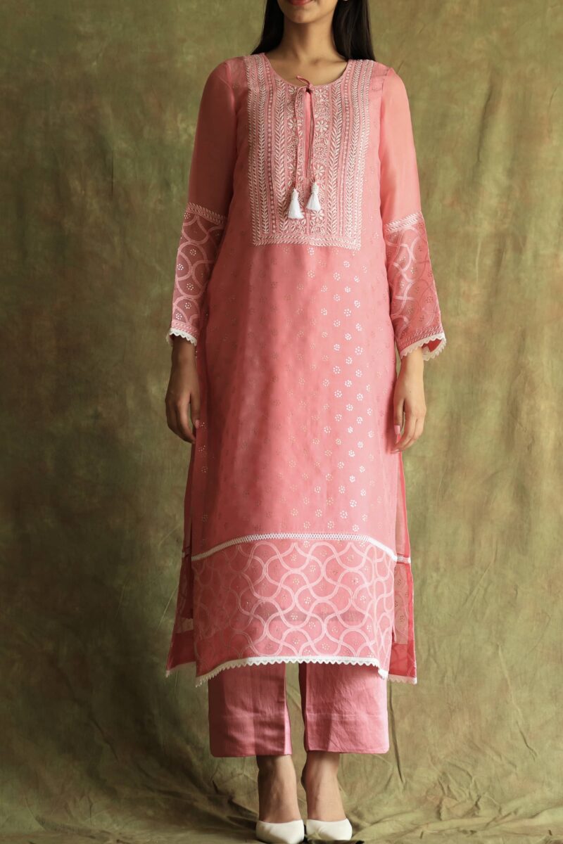 Pink Noor Organza Silk Chikankari With Mukaish Kamdani Ready to Wear Kurta Set