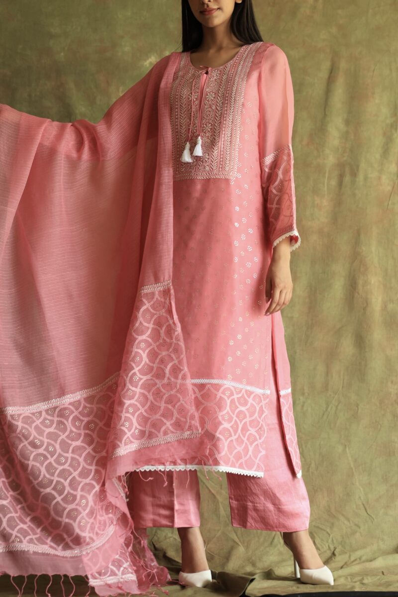 Pink Noor Organza Silk Chikankari With Mukaish Kamdani Ready to Wear Kurta Set