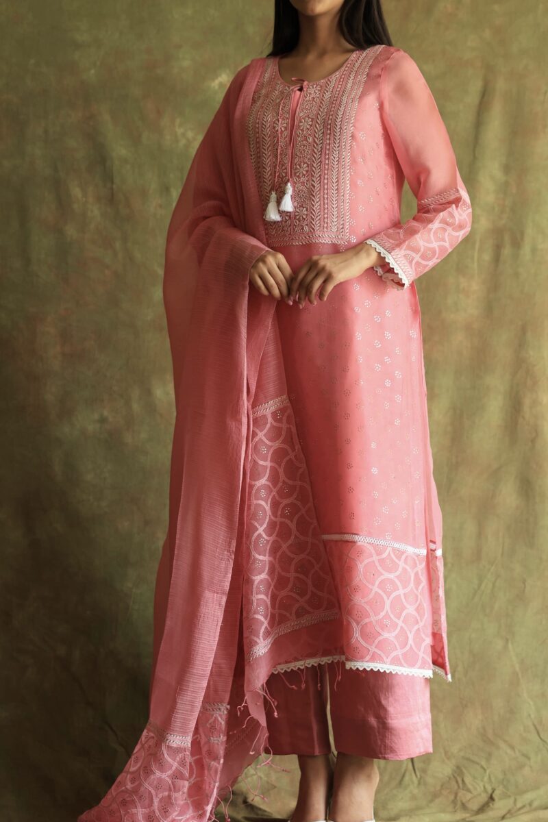 Pink Noor Organza Silk Chikankari With Mukaish Kamdani Ready to Wear Kurta Set