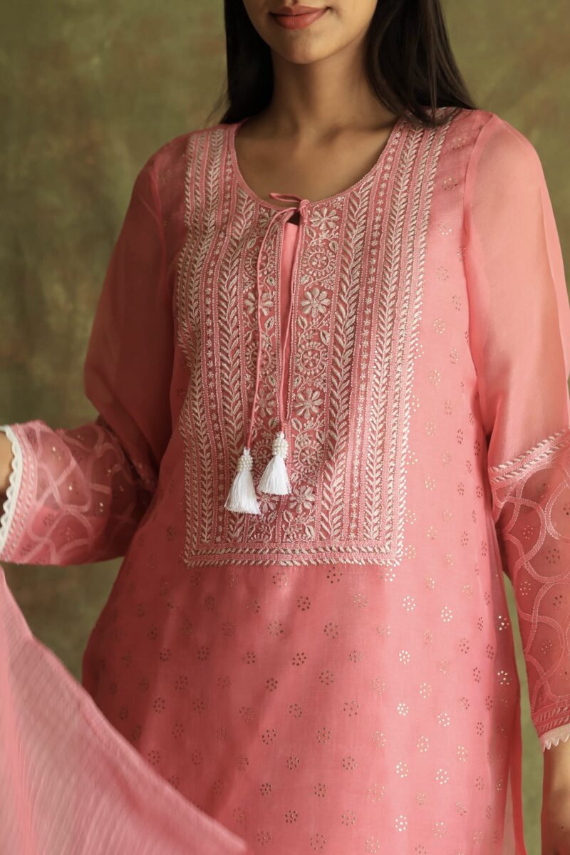 Pink Noor Organza Silk Chikankari With Mukaish Kamdani Ready to Wear Kurta Set