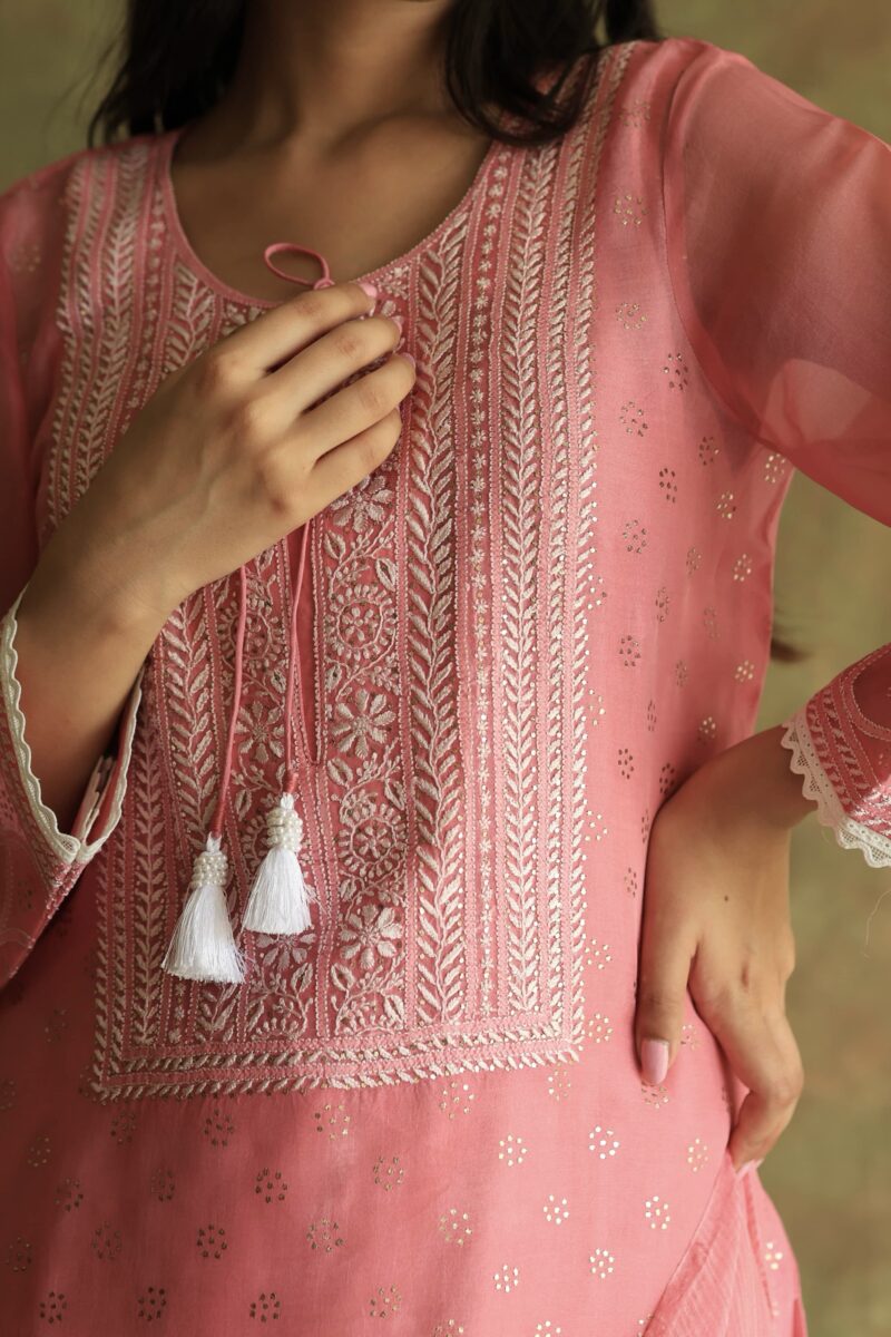 Pink Noor Organza Silk Chikankari With Mukaish Kamdani Ready to Wear Kurta Set