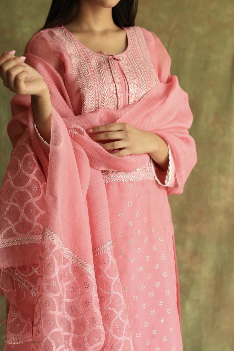 Pink Noor Organza Silk Chikankari With Mukaish Kamdani Ready to Wear Kurta Set