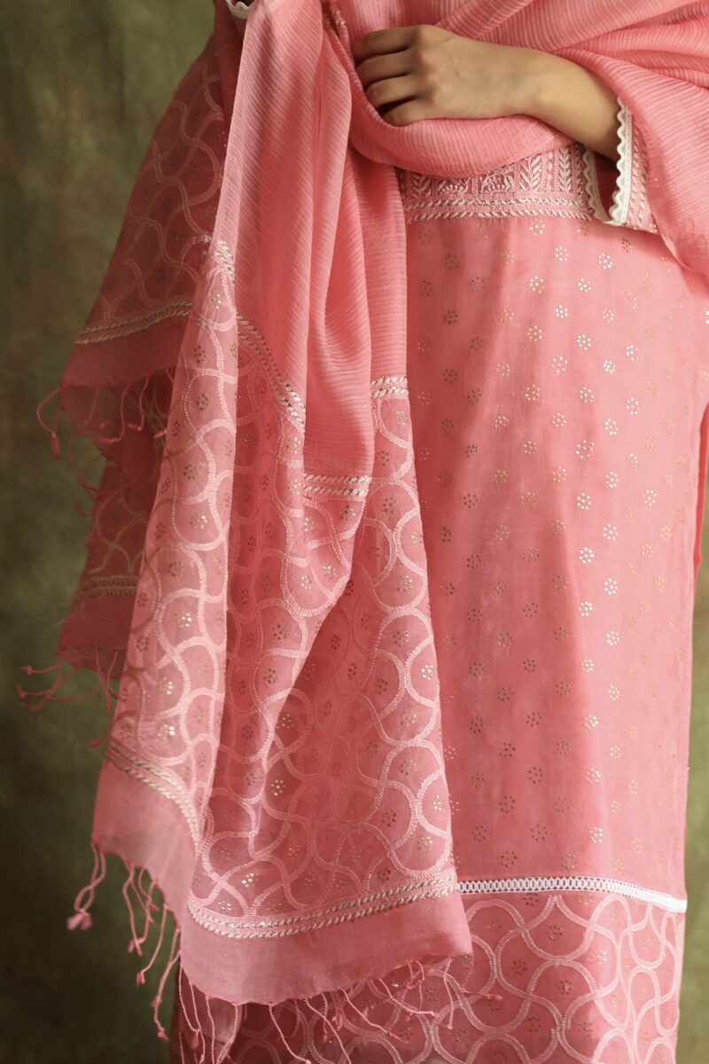 Pink Noor Organza Silk Chikankari With Mukaish Kamdani Ready to Wear Kurta Set