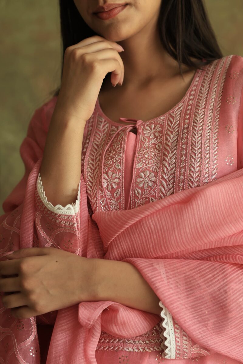 Pink Noor Organza Silk Chikankari With Mukaish Kamdani Ready to Wear Kurta Set