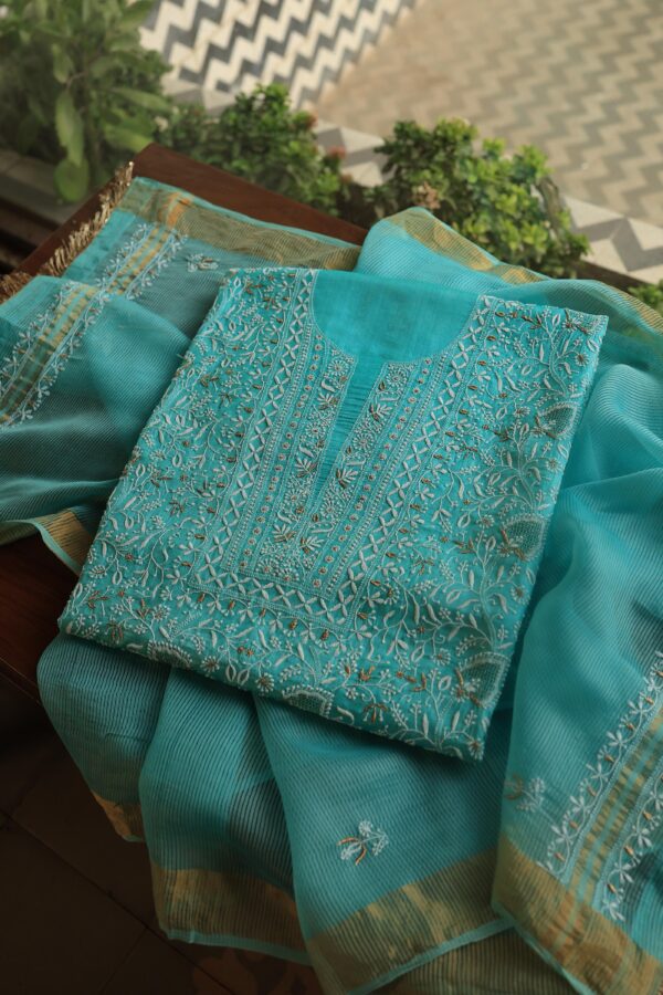 Paper Tussar Ari Kasab Resham Chikankari Unstitched Fabrics - Image 9