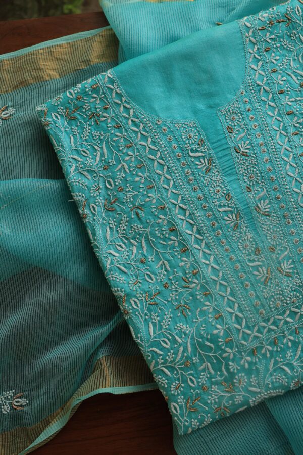 Paper Tussar Ari Kasab Resham Chikankari Unstitched Fabrics - Image 4