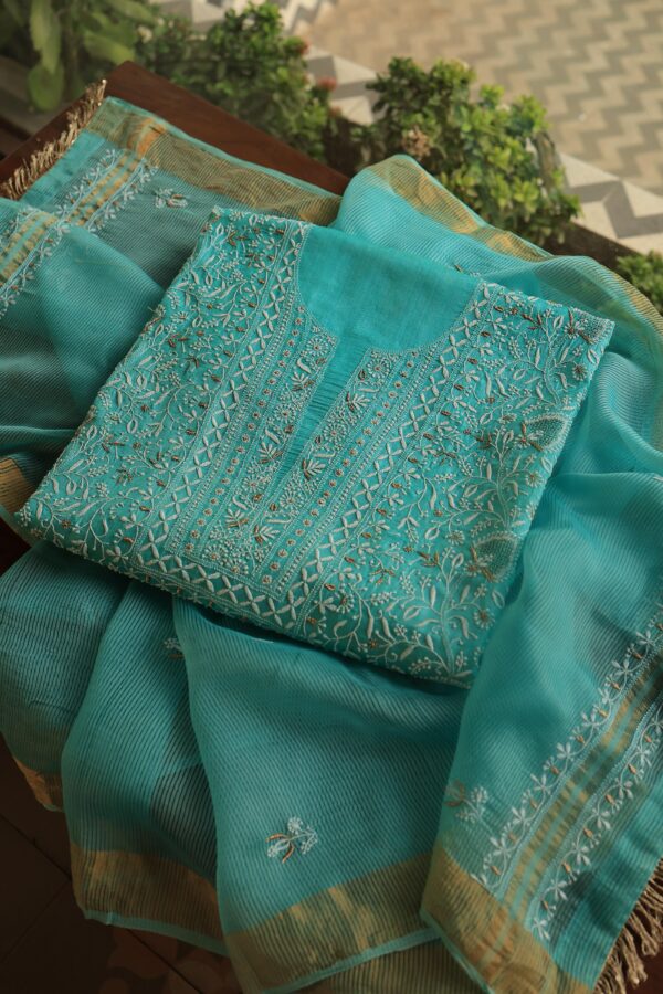 Paper Tussar Ari Kasab Resham Chikankari Unstitched Fabrics - Image 6