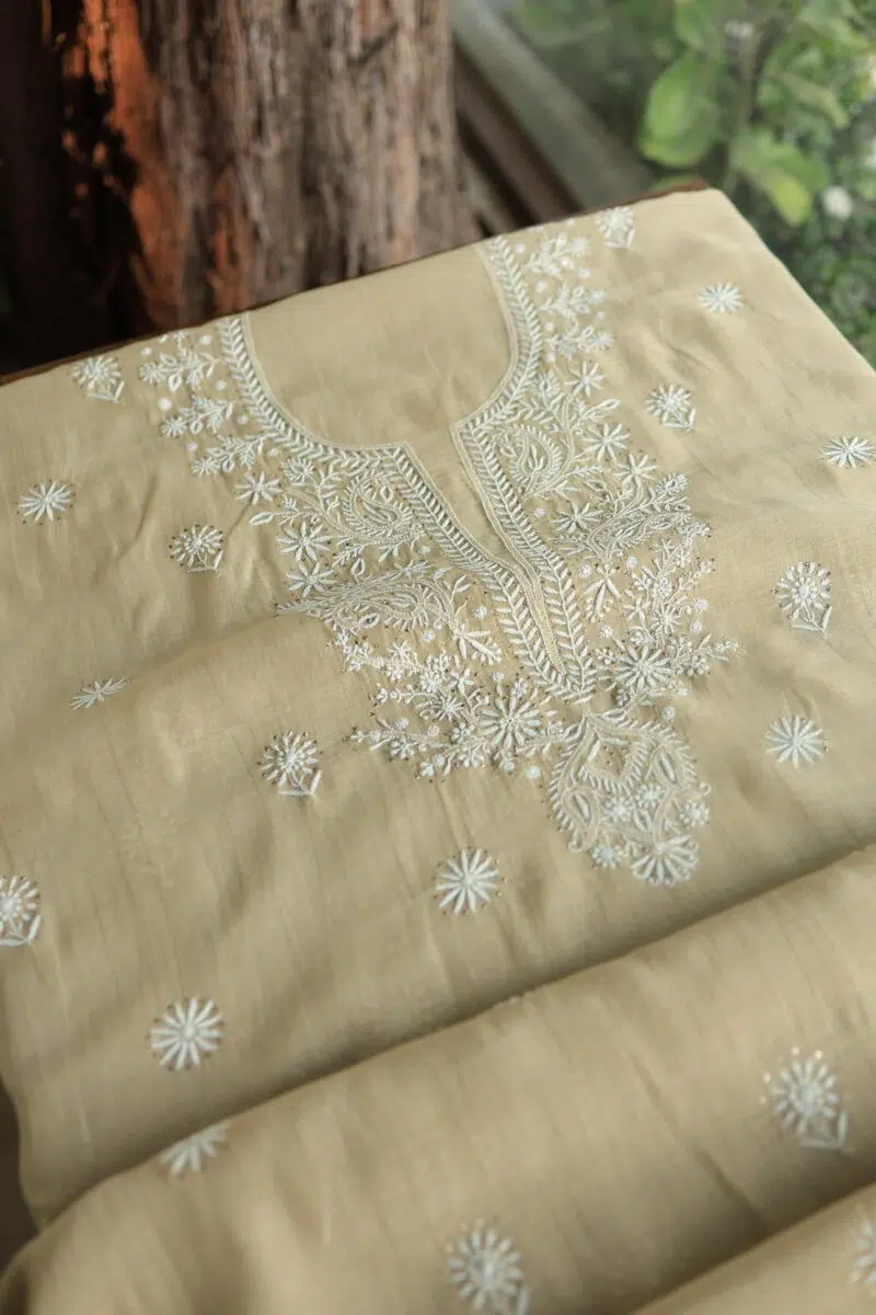Beige Mal Cotton Chikankari Unstitched Kurta Dupatta Fabrics With Kamdani