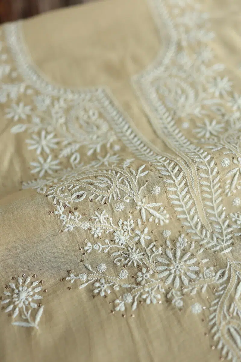 Beige Mal Cotton Chikankari Unstitched Kurta Dupatta Fabrics With Kamdani