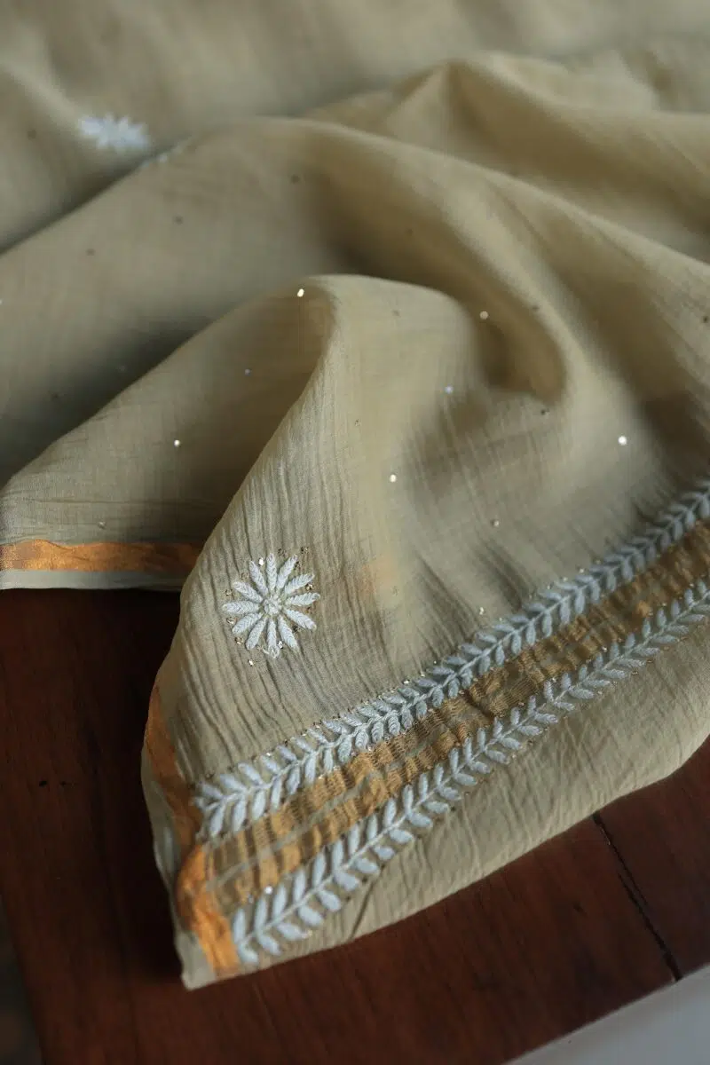 Beige Mal Cotton Chikankari Unstitched Kurta Dupatta Fabrics With Kamdani