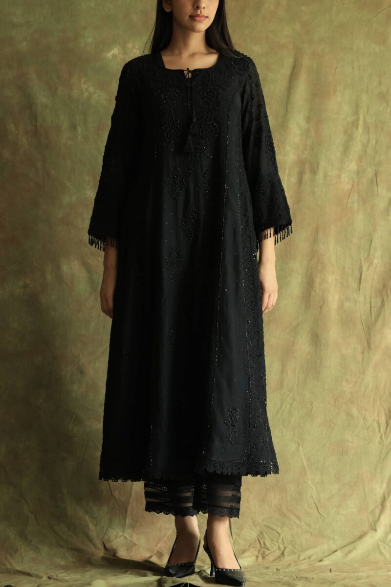 Black | Mal Chanderi Pearl Work Chikankari Anarkali With Dupatta
