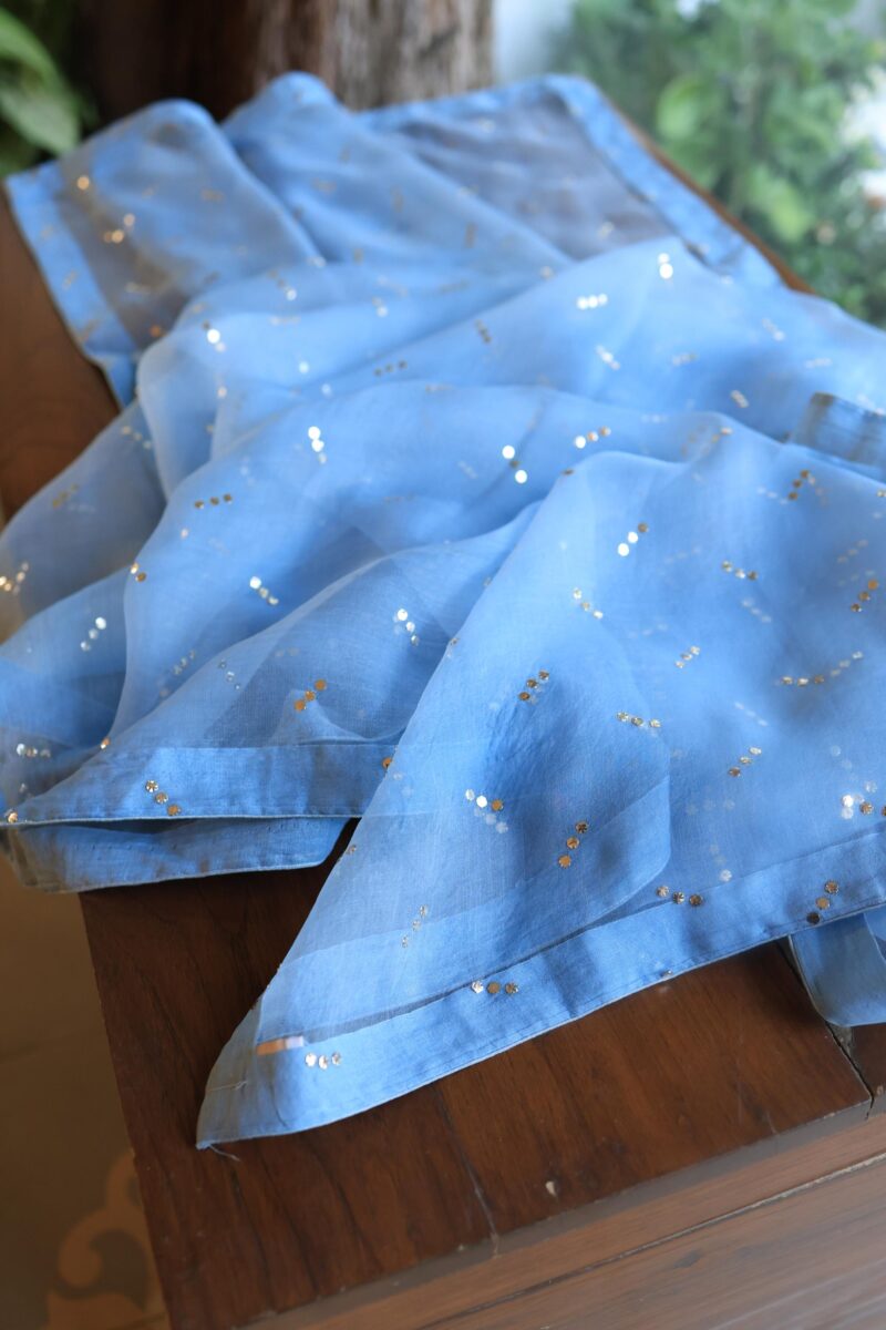 Blue Noor Organza Silk Mukaish Badla Unstitched Kurta Dupatta Set