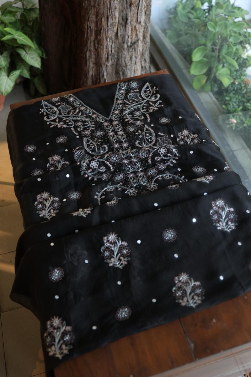 Black Noor Organza Silk Chikankari Unstitched Fabrics