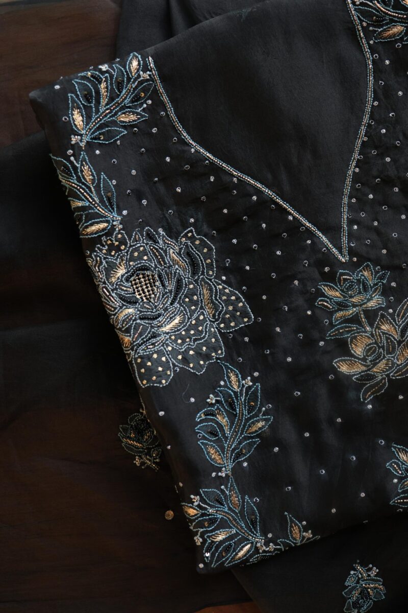 Black Noor Organza Silk Chikankari Unstitched Fabrics