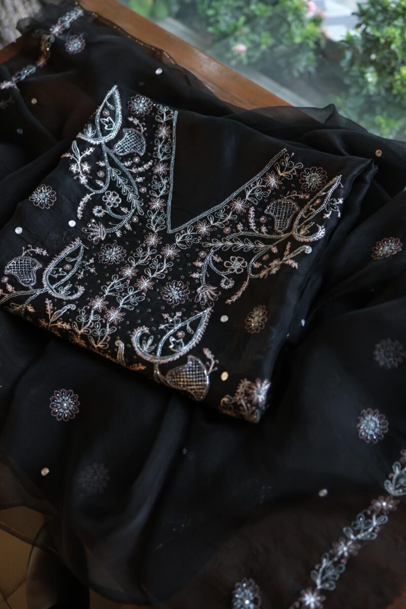 Black Noor Organza Silk Chikankari Unstitched Fabrics
