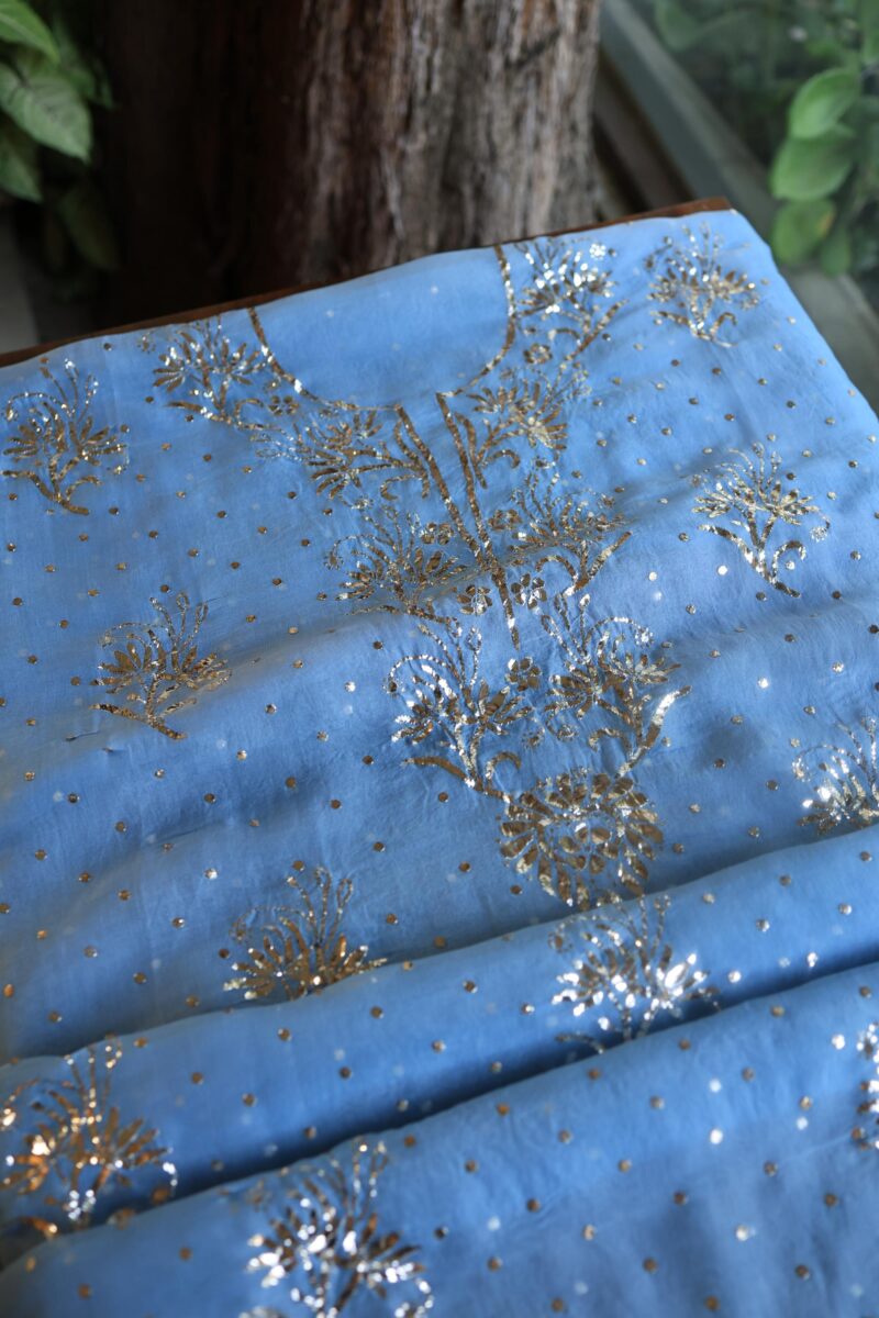 Blue Noor Organza Silk Mukaish Badla Unstitched Kurta Dupatta Set
