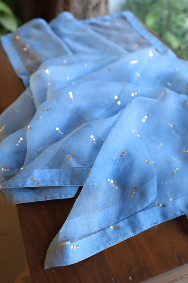 Blue Noor Organza Silk Mukaish Badla Unstitched Kurta Dupatta Set