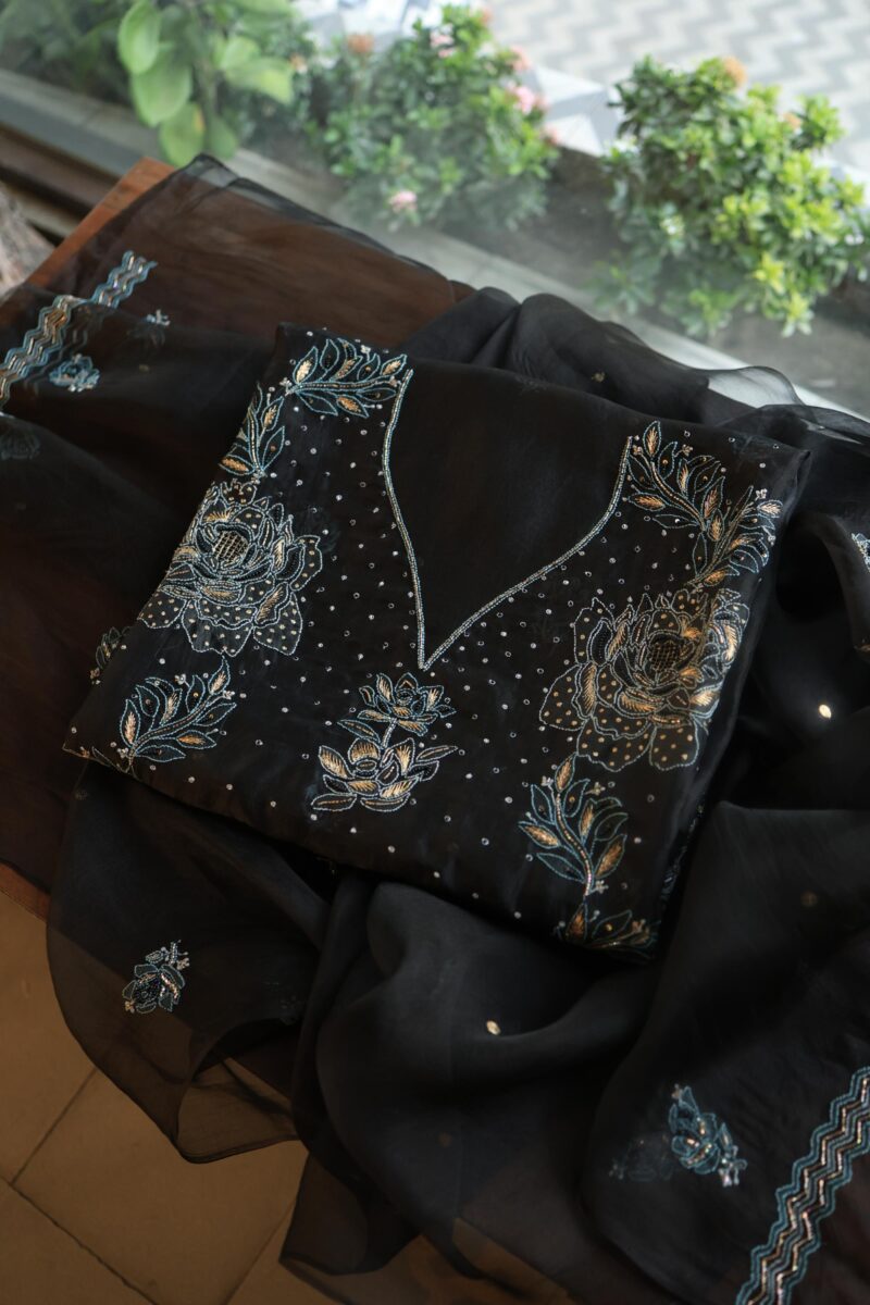 Black Noor Organza Silk Chikankari Unstitched Fabrics