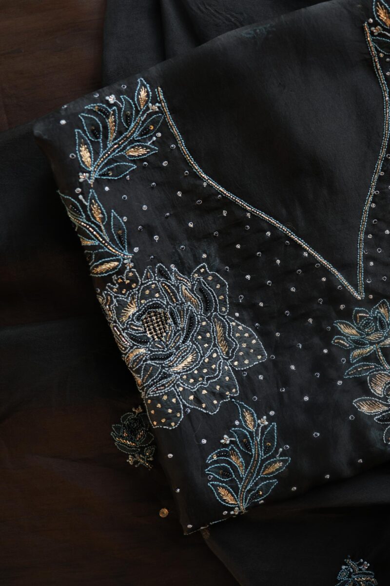 Black Noor Organza Silk Chikankari Unstitched Fabrics