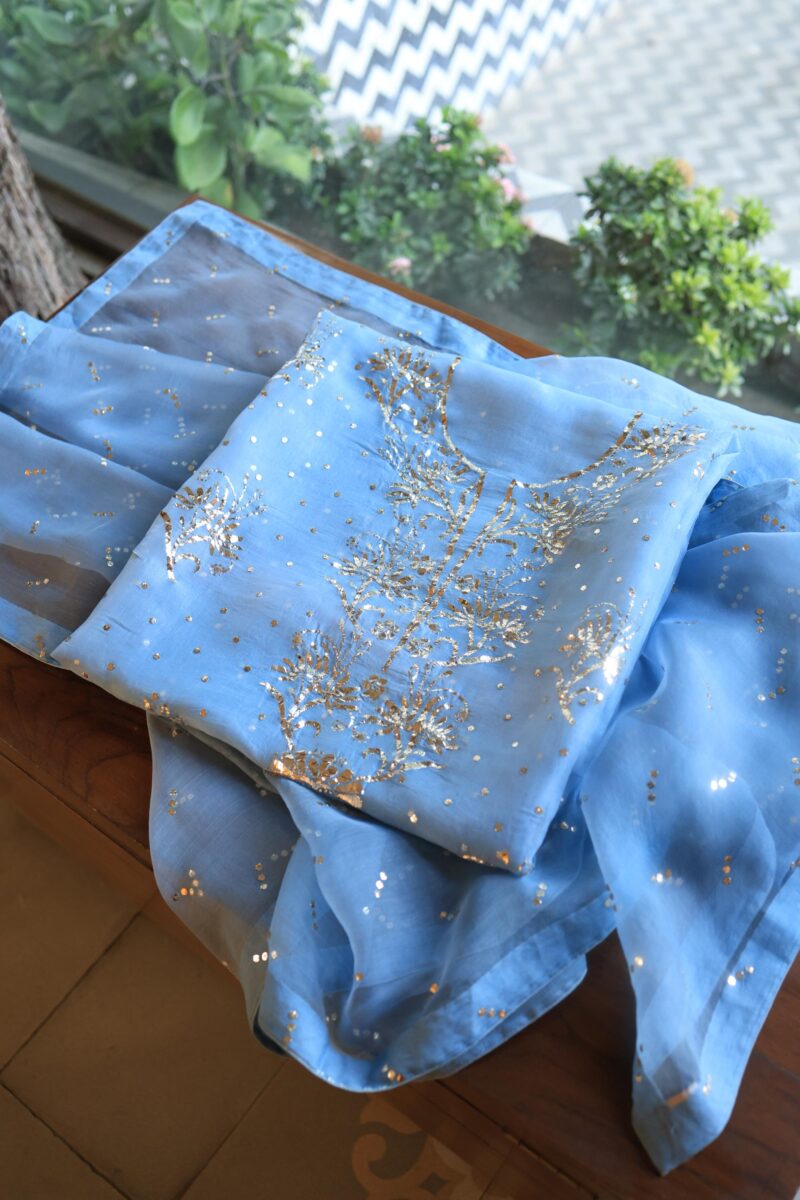 Blue Noor Organza Silk Mukaish Badla Unstitched Kurta Dupatta Set