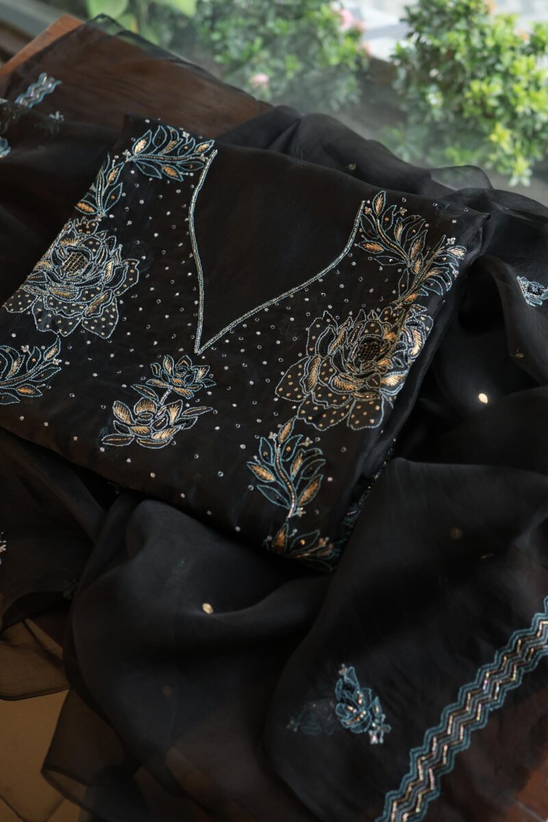 Black Noor Organza Silk Chikankari Unstitched Fabrics