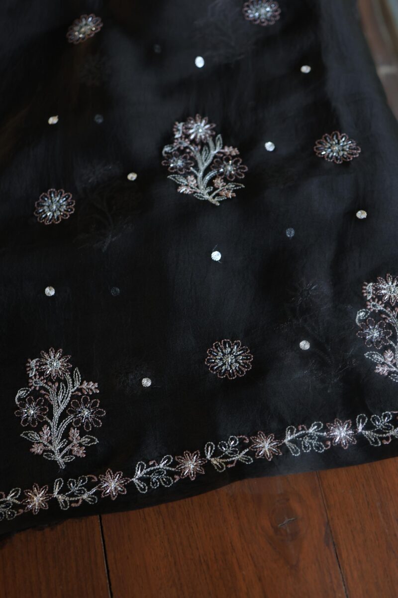 Black Noor Organza Silk Chikankari Unstitched Fabrics