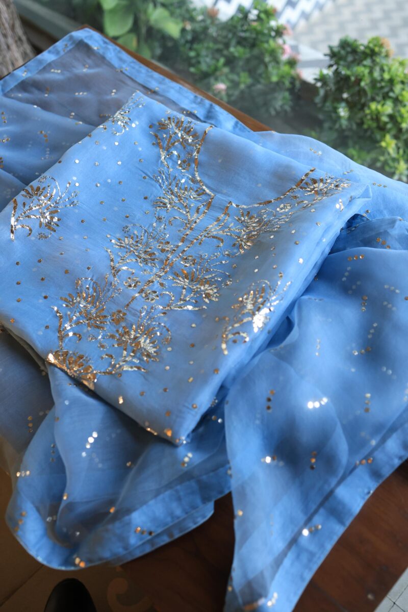 Blue Noor Organza Silk Mukaish Badla Unstitched Kurta Dupatta Set