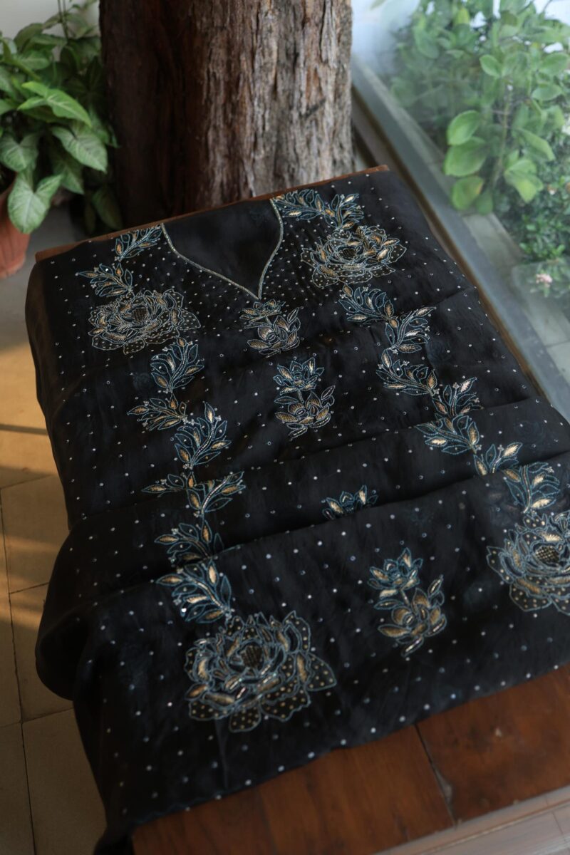 Black Noor Organza Silk Chikankari Unstitched Fabrics