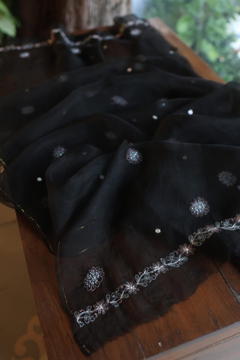 Black Noor Organza Silk Chikankari Unstitched Fabrics