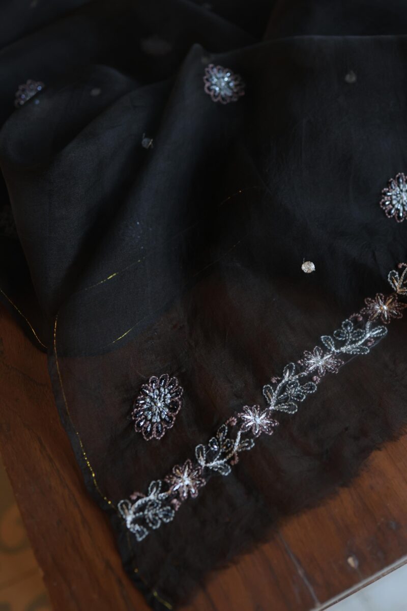 Black Noor Organza Silk Chikankari Unstitched Fabrics
