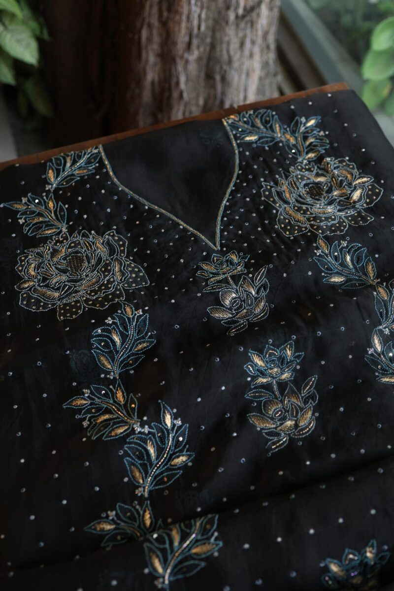 Black Noor Organza Silk Chikankari Unstitched Fabrics