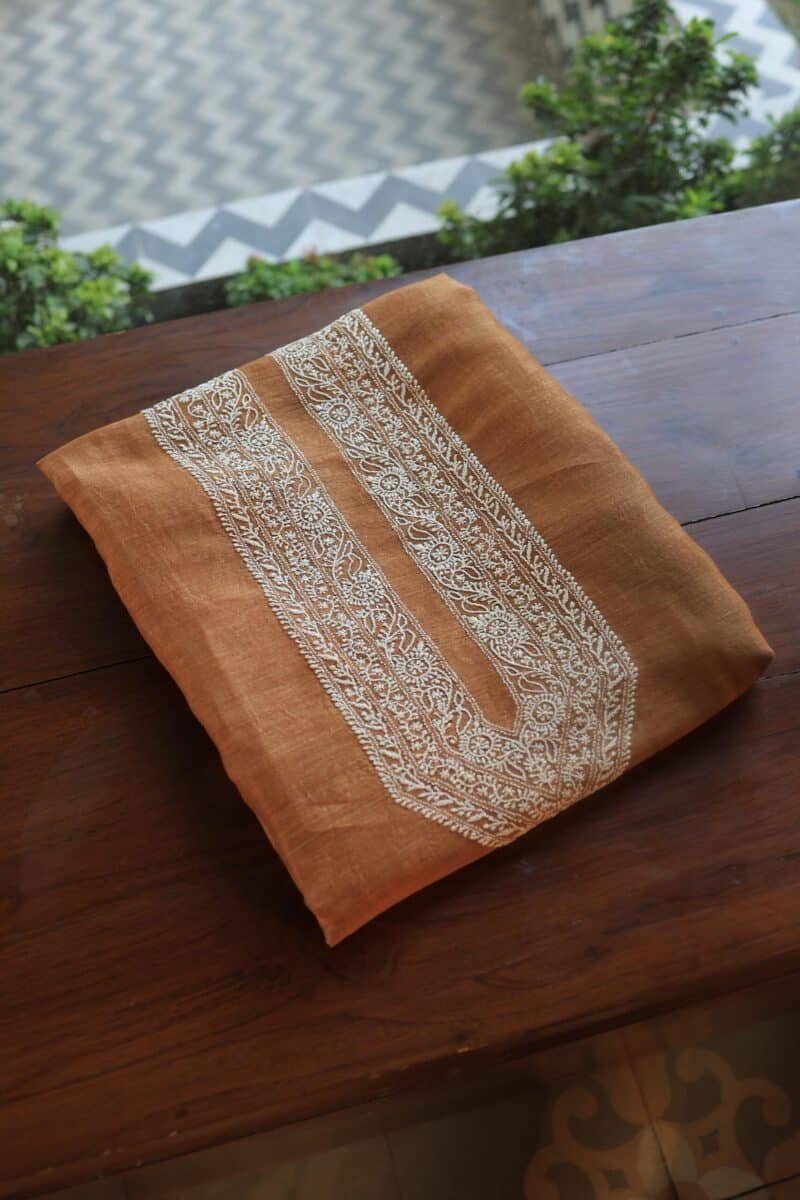 Blue Linen Chikankari Unstitched Men's Kurta Fabric