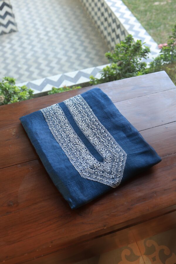 Blue Linen Chikankari Unstitched Men's Kurta Fabric - Image 9