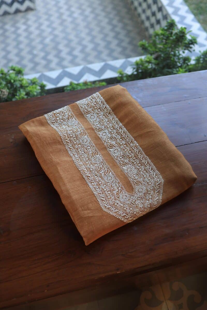 Blue Linen Chikankari Unstitched Men's Kurta Fabric
