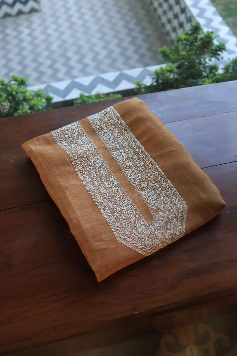 Blue Linen Chikankari Unstitched Men's Kurta Fabric