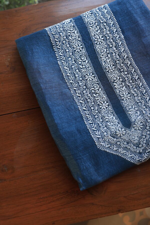 Blue Linen Chikankari Unstitched Men's Kurta Fabric - Image 8