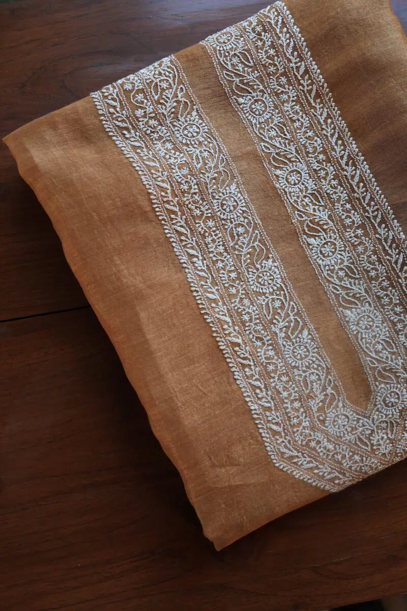 Blue Linen Chikankari Unstitched Men's Kurta Fabric