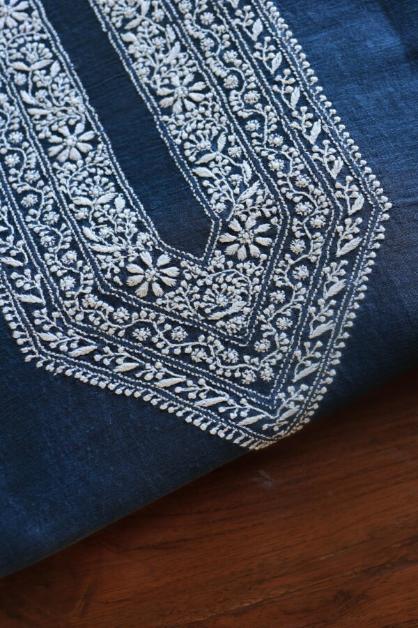 Blue Linen Chikankari Unstitched Men's Kurta Fabric - Image 2