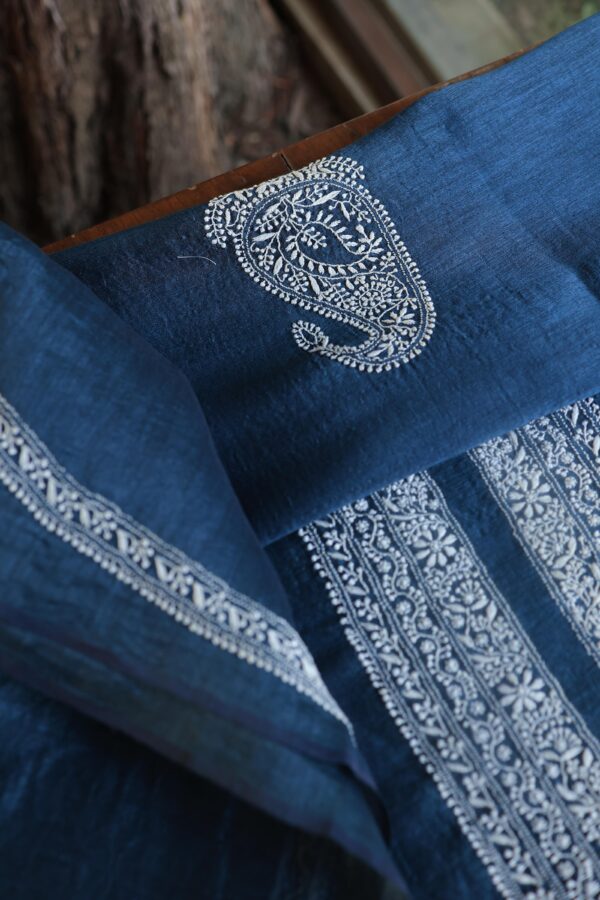 Blue Linen Chikankari Unstitched Men's Kurta Fabric - Image 3