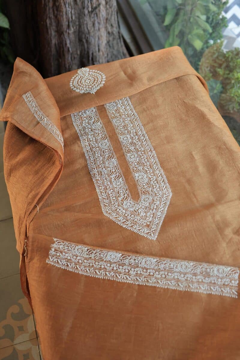 Blue Linen Chikankari Unstitched Men's Kurta Fabric