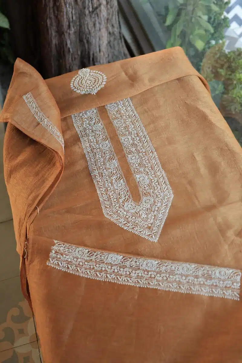 Blue Linen Chikankari Unstitched Men's Kurta Fabric