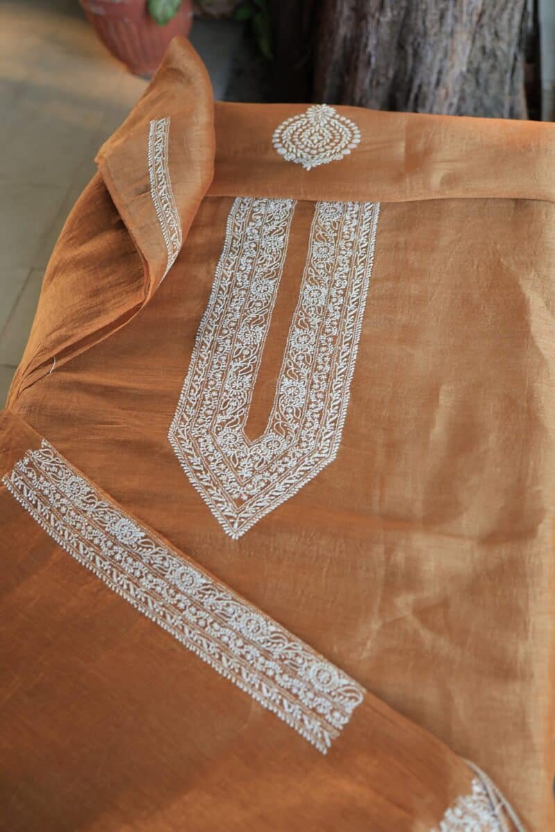 Blue Linen Chikankari Unstitched Men's Kurta Fabric
