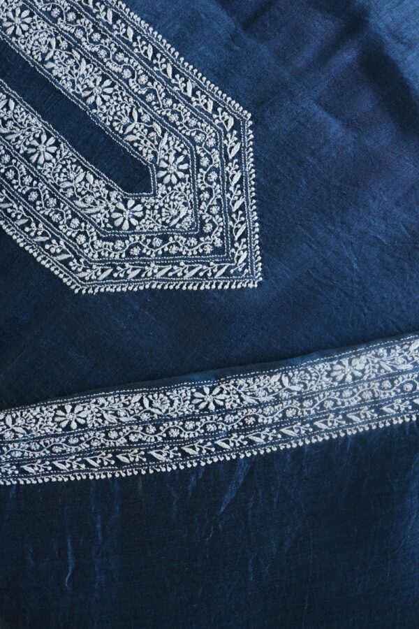 Blue Linen Chikankari Unstitched Men's Kurta Fabric - Image 6