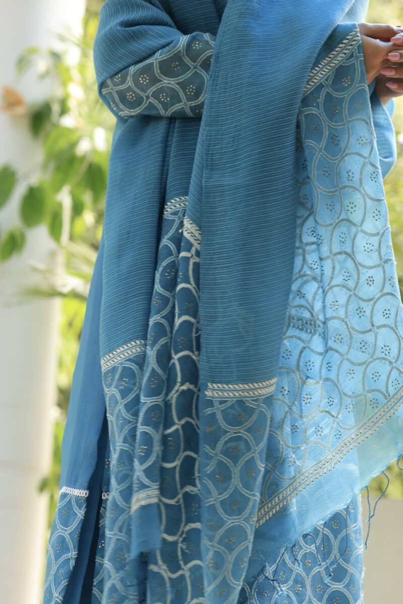 Blue Noor Organza Silk Chikankari With Mukaish Kamdani Ready to Wear Kurta Set